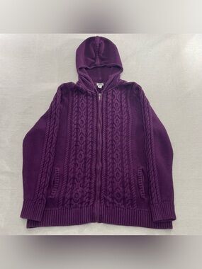 LL Bean Sweater Womens 1X Purple Hooded Full Zip Cable Knit Pockets 100% Cotton